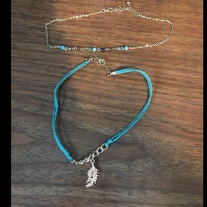 Bohemian choker necklace set, teal with feather